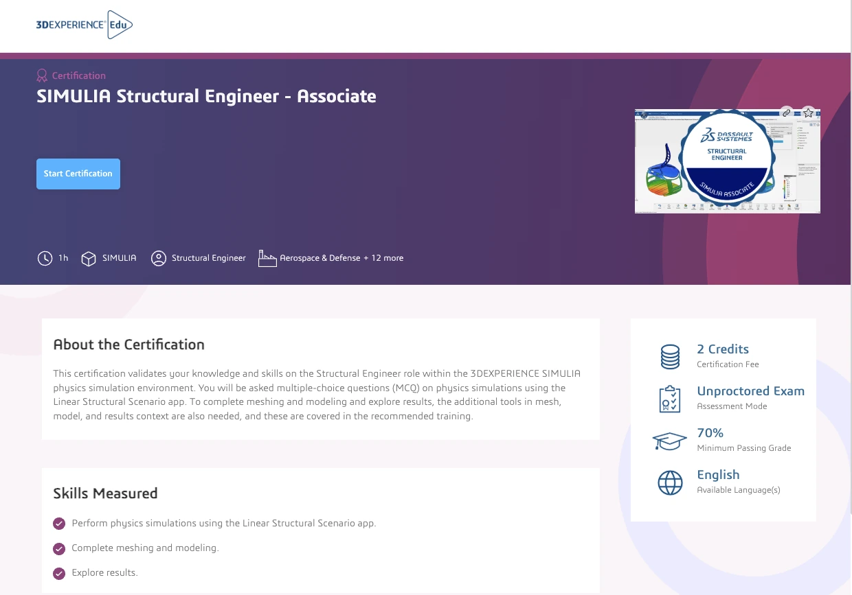 An Associate exam page in the Dassault Systèmes learning portal