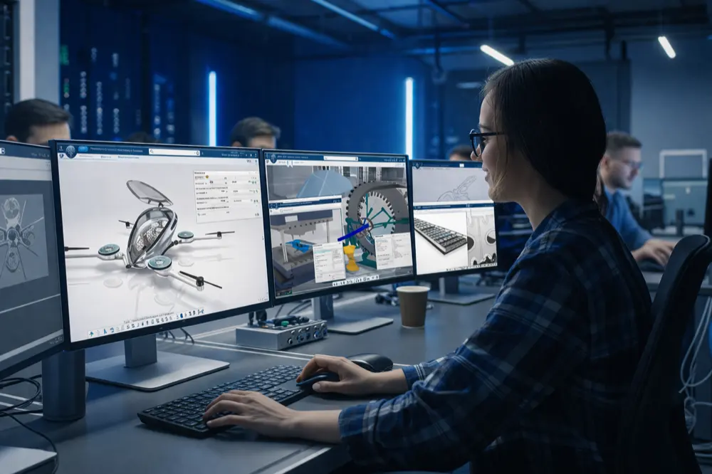 An engineer working across three screens of CAD models