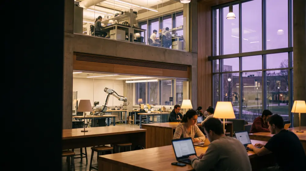 Students at laptops in a university engineering building at dusk, a lab with a robot arm behind them