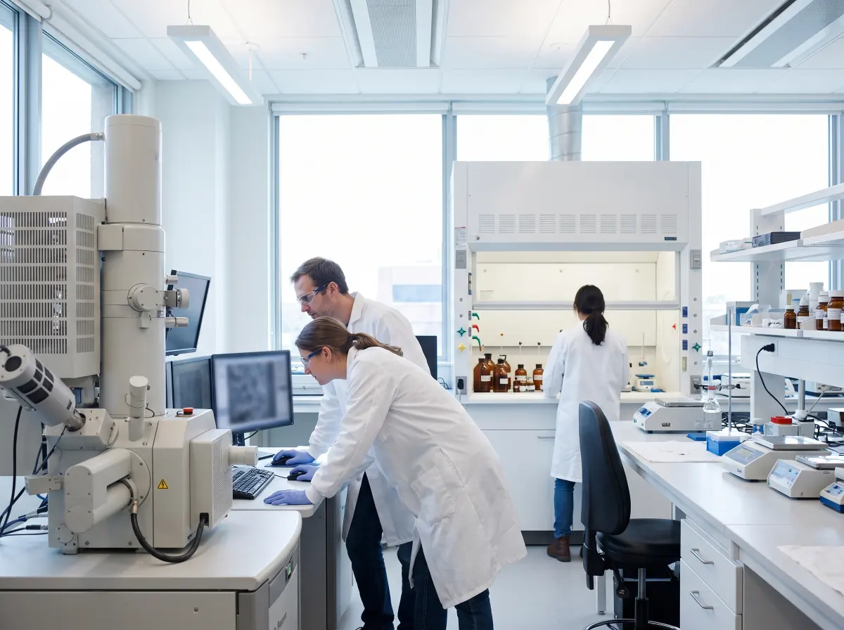 Scientists in lab coats at an electron microscope in a research laboratory