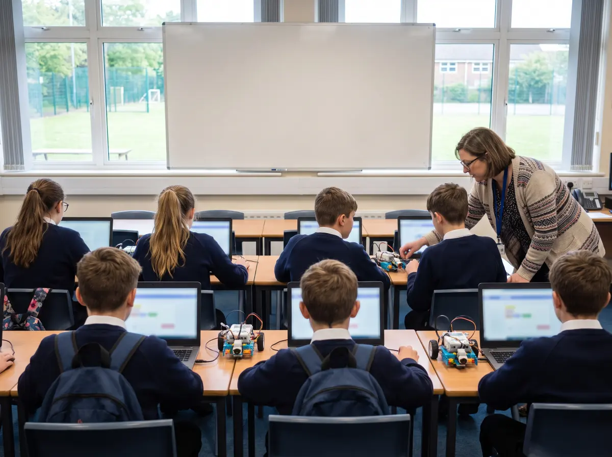 Secondary school pupils at laptops and robotics kits with their teacher in a bright classroom