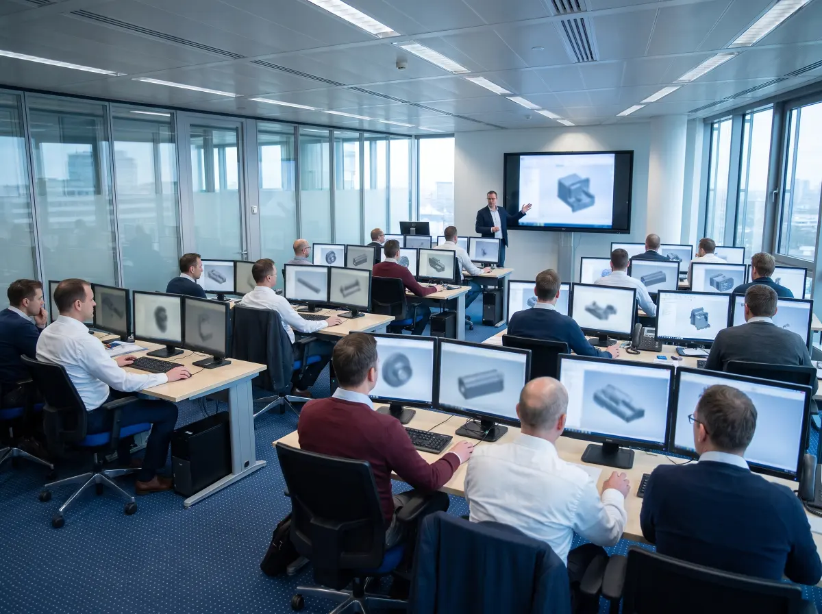 Professionals at CAD workstations with an instructor in a corporate training room