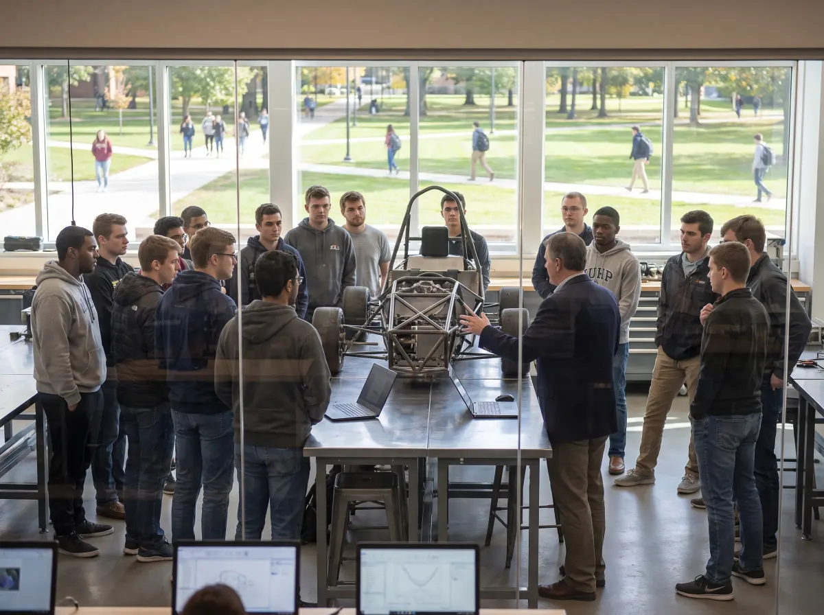 Engineering students and their professor around a student racing car in a campus lab